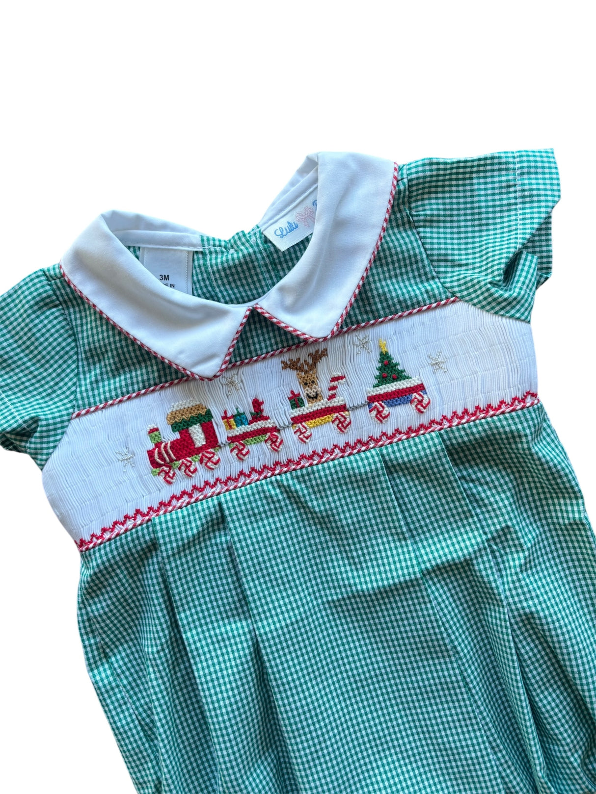 Lulu Babe Blake Christmas Train Smock Green Plaid Bubble