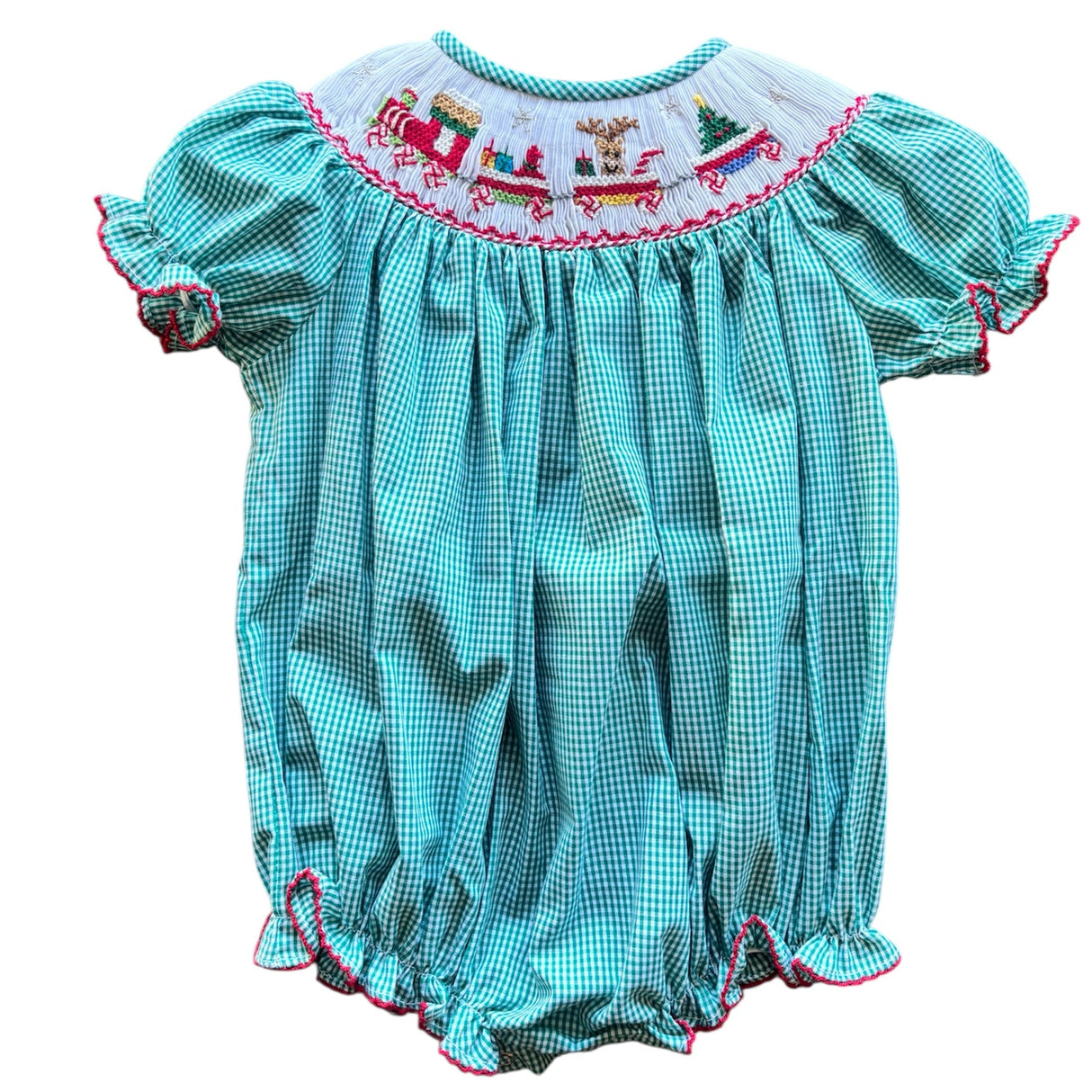 Lulu Babe Emmie Christmas Train Smock Green Plaid Bishop Bubble
