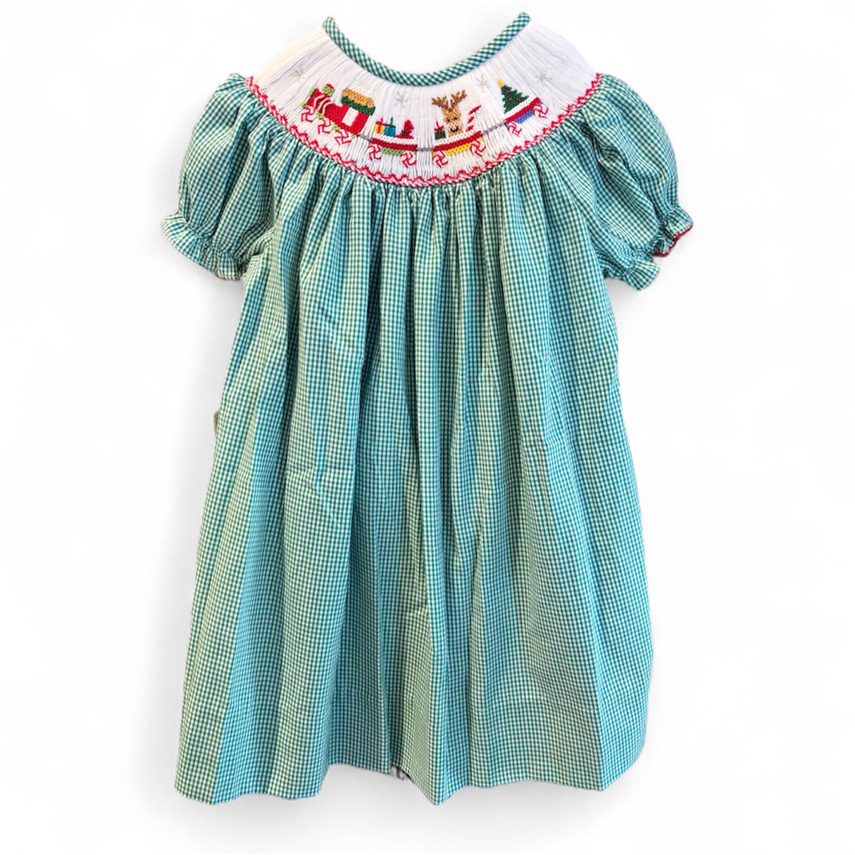 Lulu Babe Emma Christmas Train Smock Green Plaid Bishop Dress