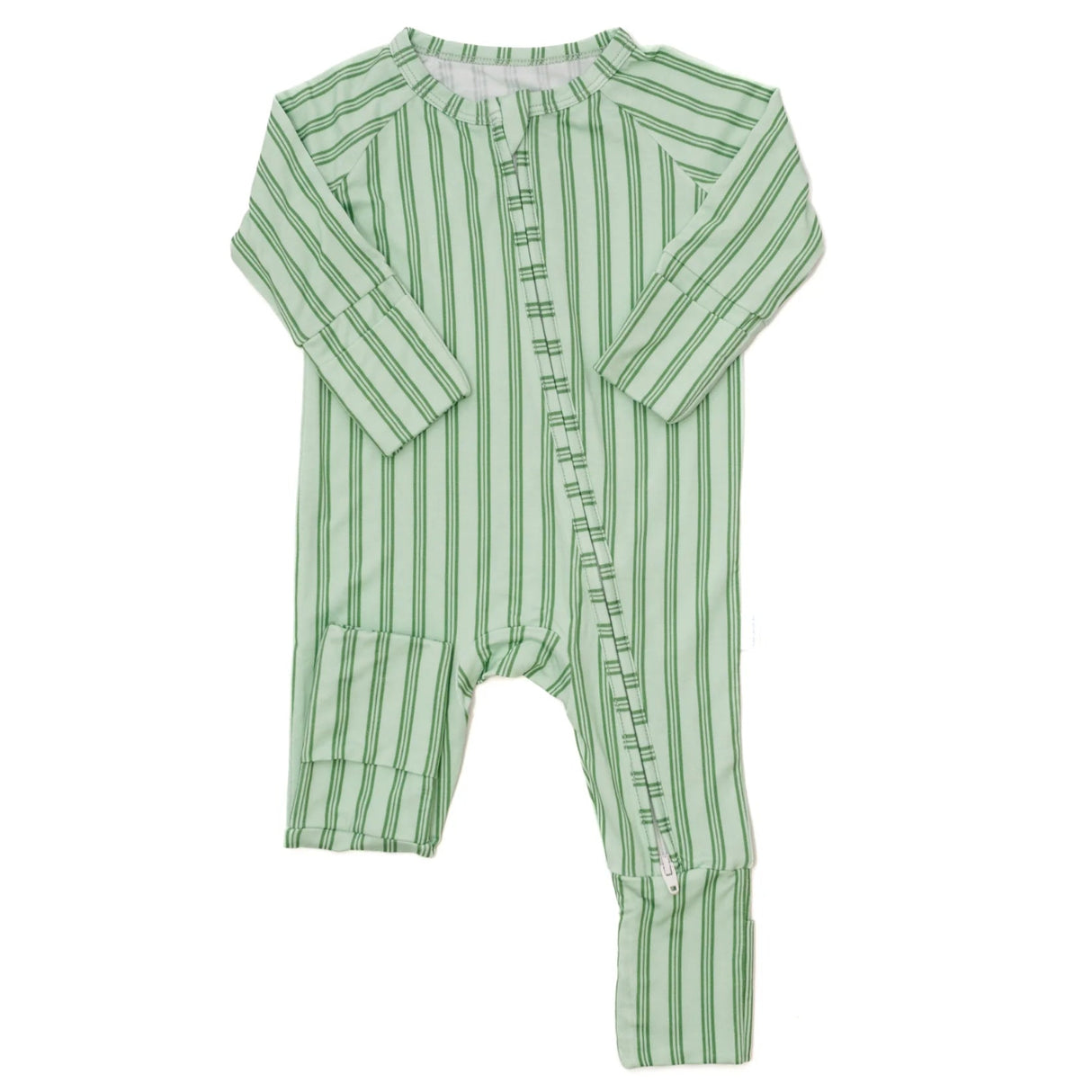 Uptown Baby Green Ticking Stripe Long Sleeve Bamboo Zipper Romper