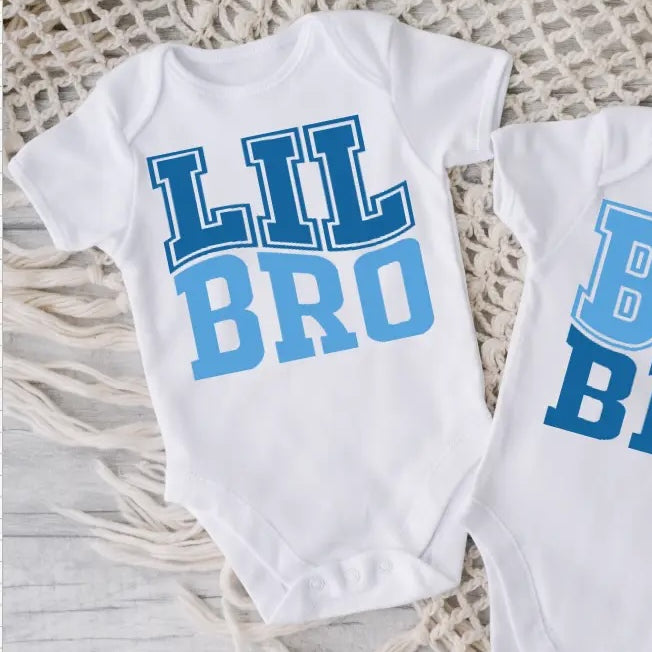 Lil Bro New Sibling Onesie | White with Blue Lettering