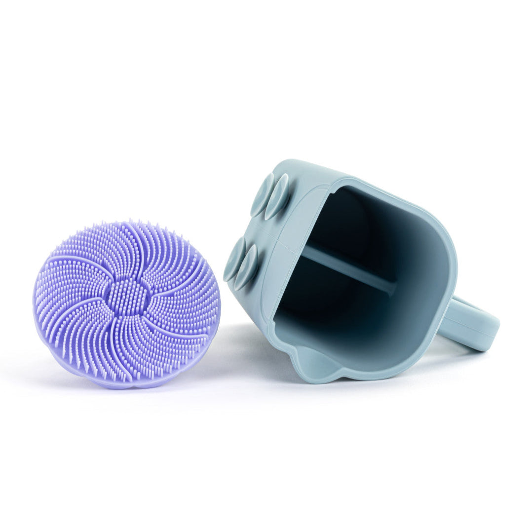 Demdaco Purple Silicone Bathtime Brush + Blue Cup Set