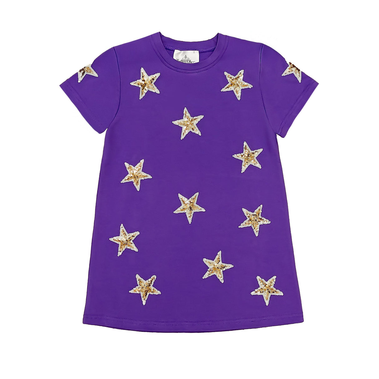 Purple dress with gold star patterns on a white background