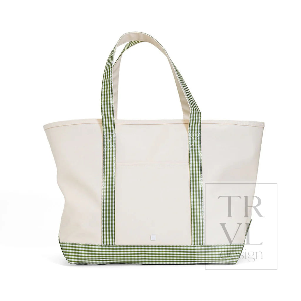 TRVL Design Maxi Tote Coated Canvas Large Natural | Gingham Moss Trim