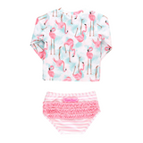 Vibrant Flamingo Long Sleeve Zipper Rash Guard Two Piece Swimsuit