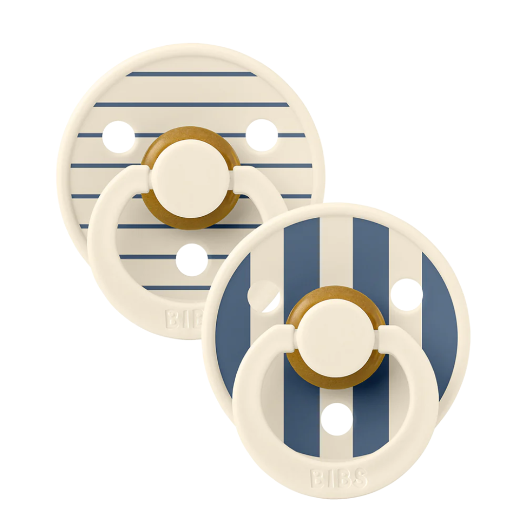 BIBS Studio Color Round Natural Rubber Pacifier (2 Pack) | Pinstripe | Ivory Steel Blue Mix