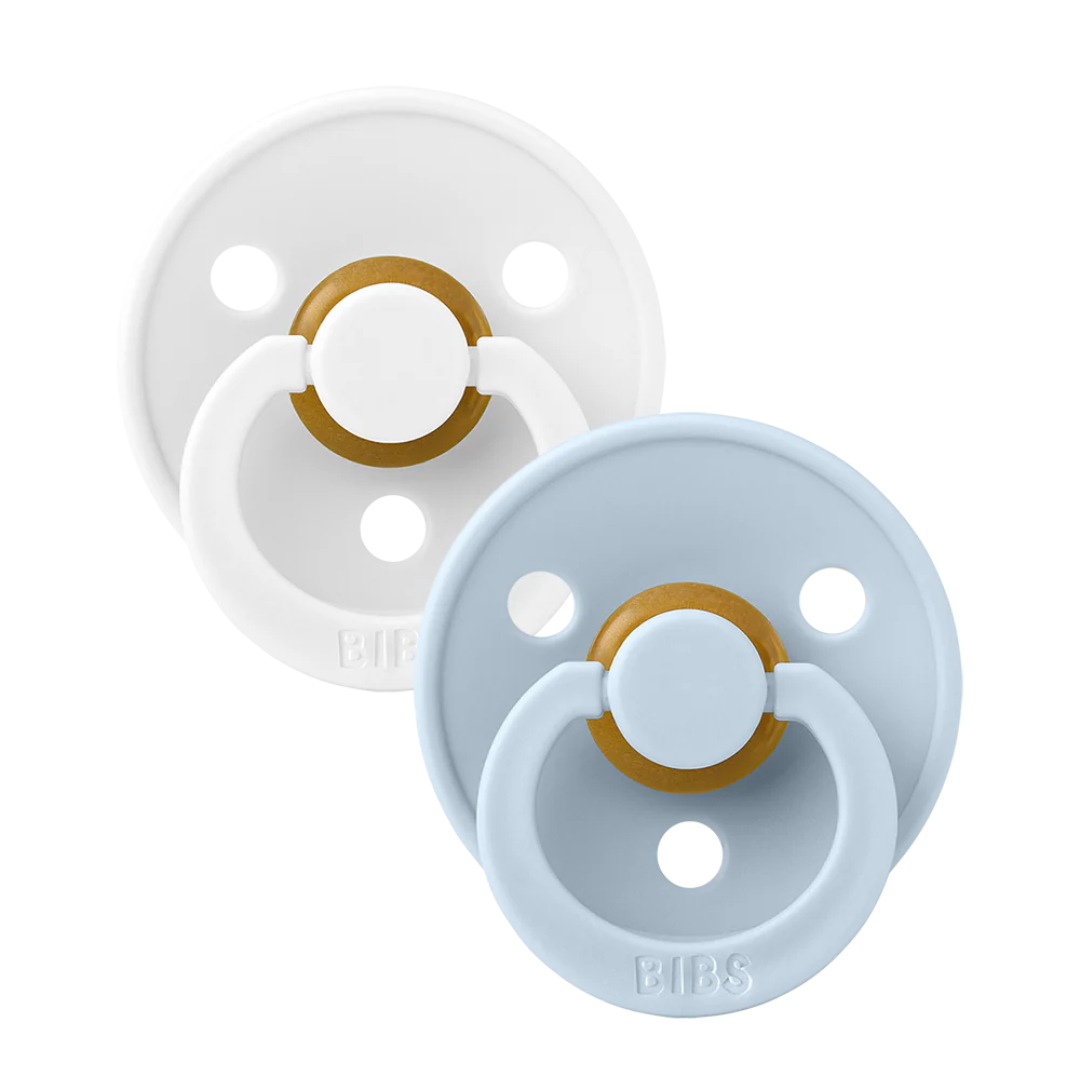 BIBS Original Natural Rubber Round Pacifier (2 Pack) | White | Baby Blue