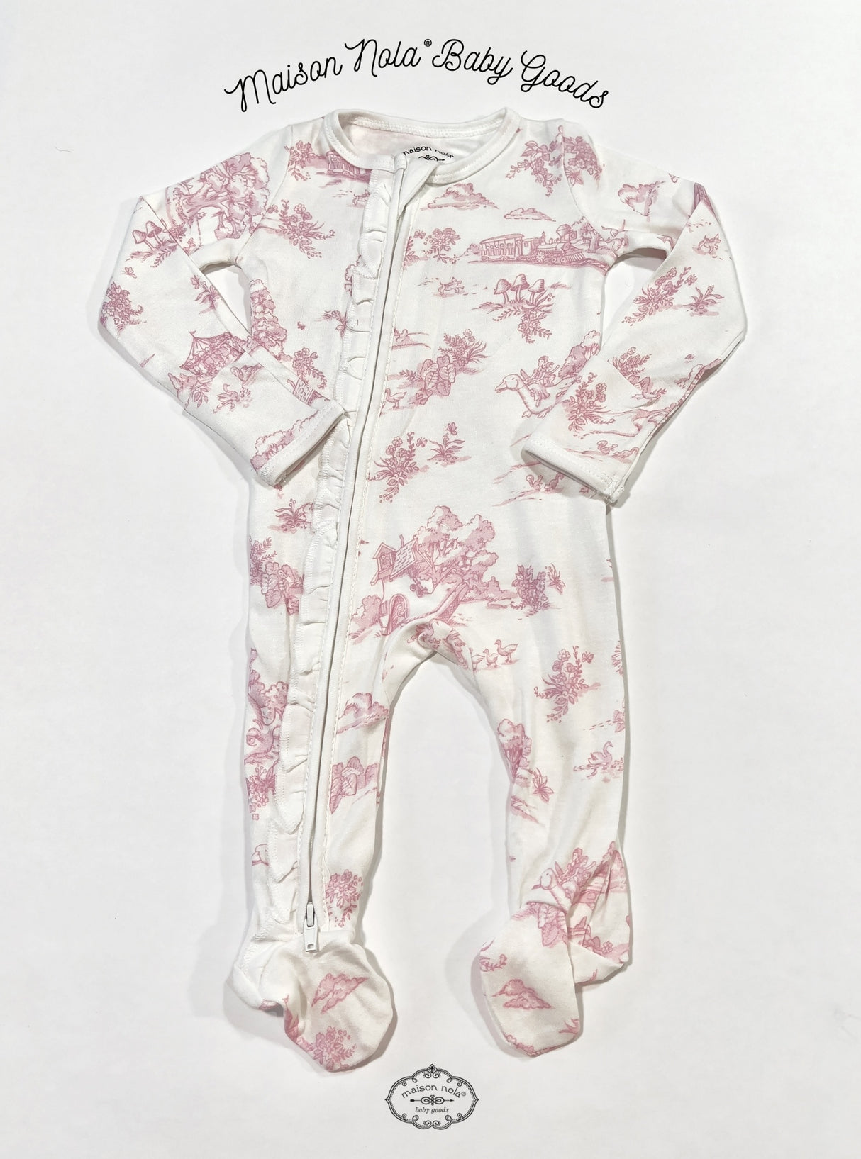 Storyland Toile Bamboo Zipper Convertible Ruffled Footie PJs | Pink