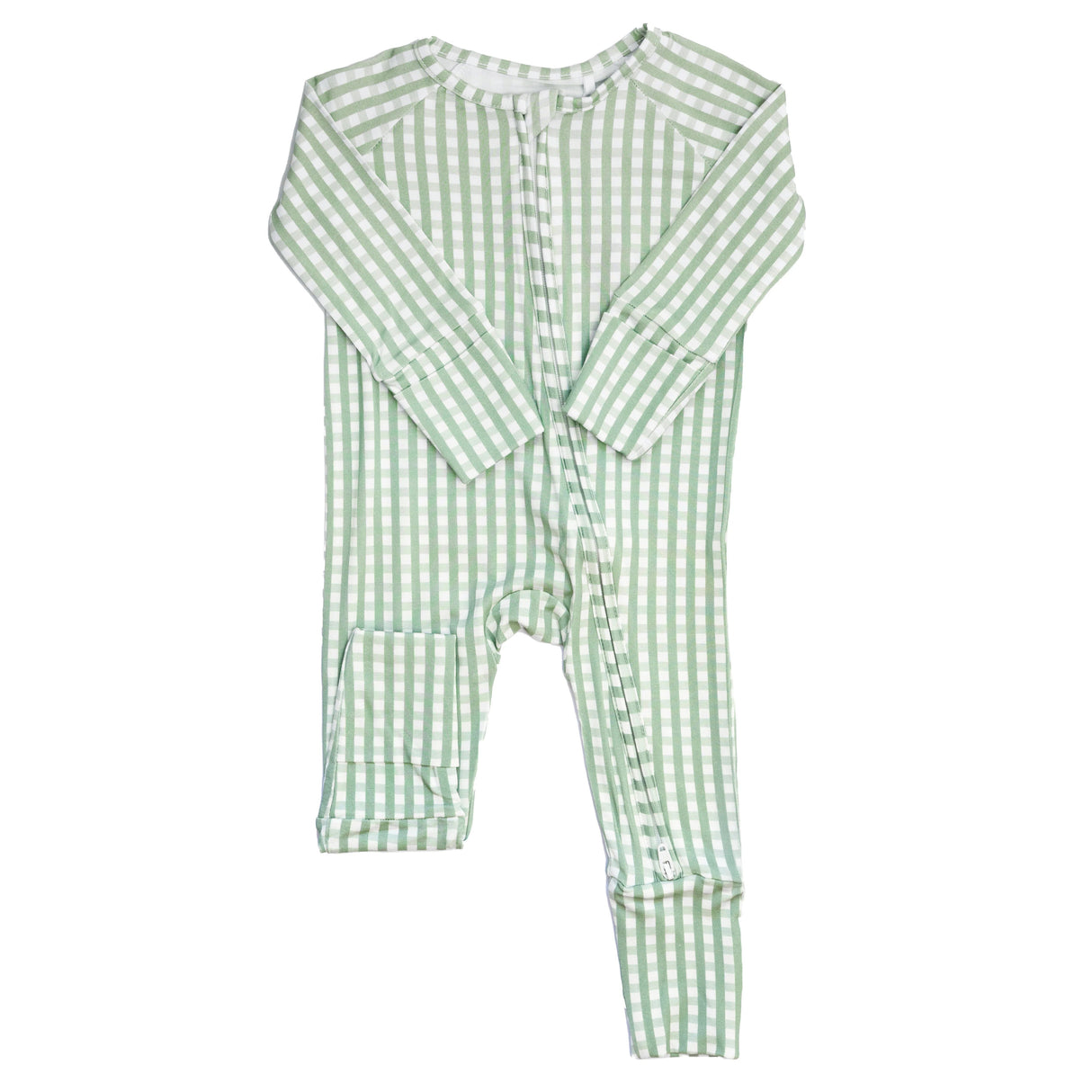Uptown Baby Sage Gingham Long Sleeve Bamboo Zipper Romper