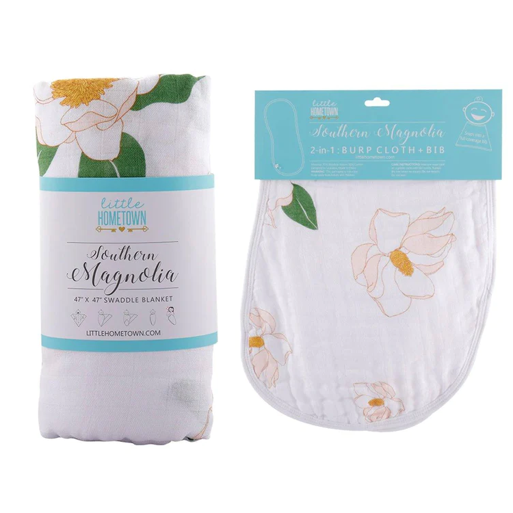 Southern Magnolia Gift Bundle: Bamboo Muslin Swaddle Blanket and Bib