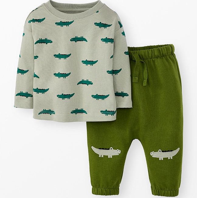 Hanna Andersson Pine Green Alligator Long Sleeve T-Shirt and French Terry Pants Set | Seagrass