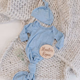 Sugar + Maple Baby Blue Bamboo Knotted Gown and Matching Hat Set | 0-3mo