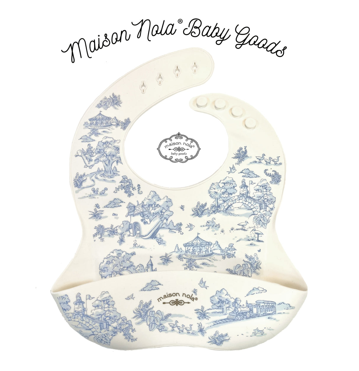 Blue Sky Storyland Toile Baby Gift Bundle | Silicone Bucket Bib and Teether