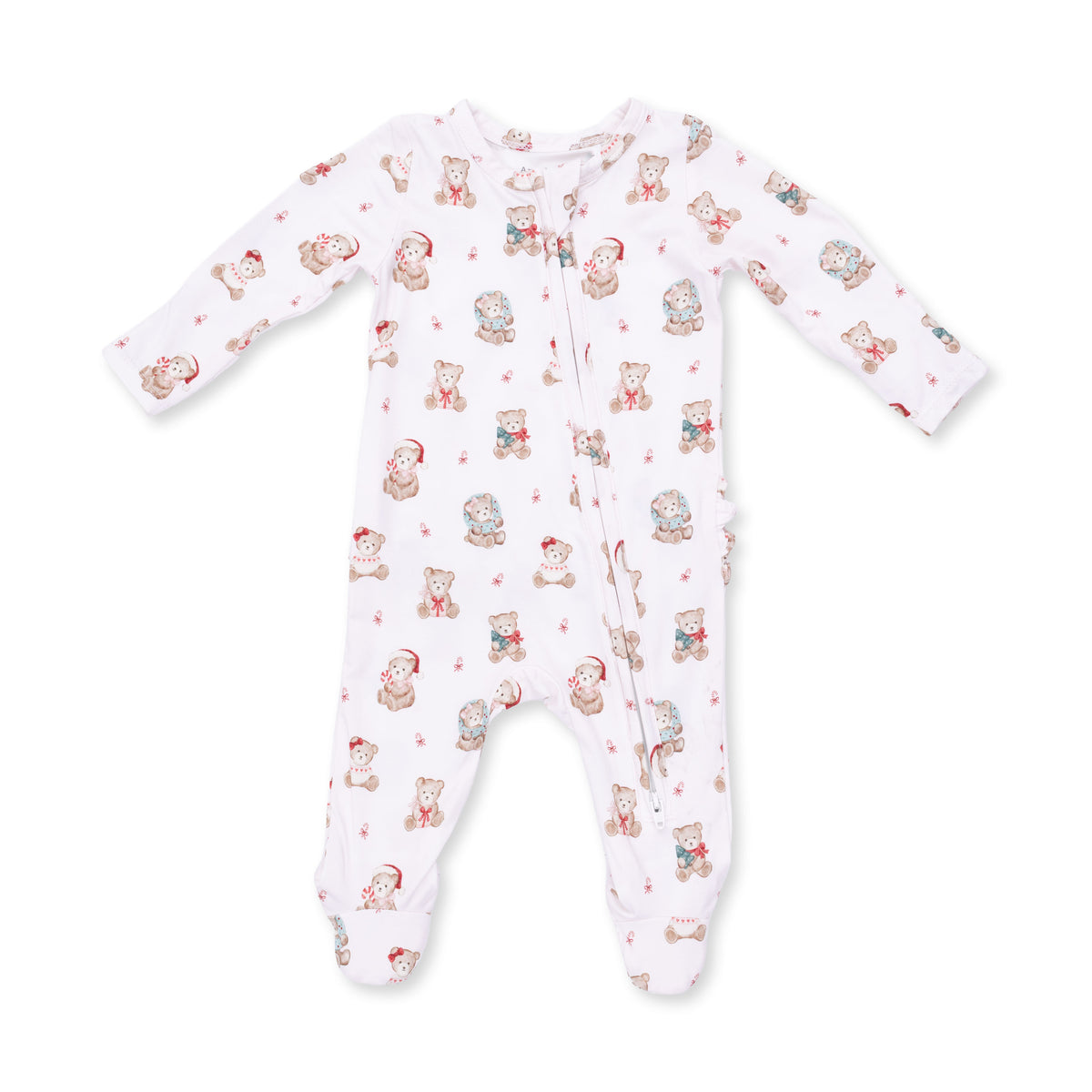 Angel Dear Christmas Teddy Bears Pink 2-Way Ruffle Back Zipper Footie