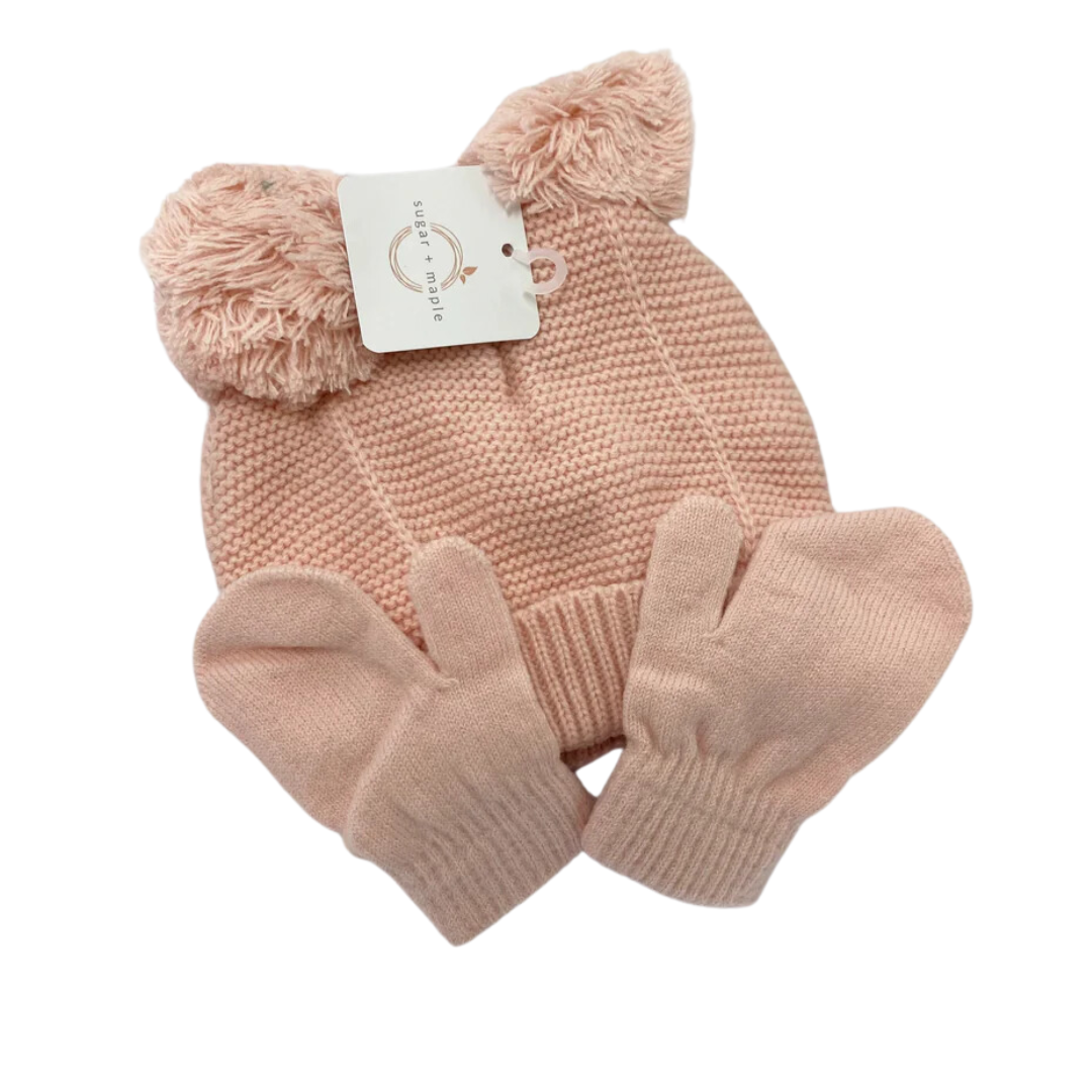 Pink Knit Hat and Mitten Set