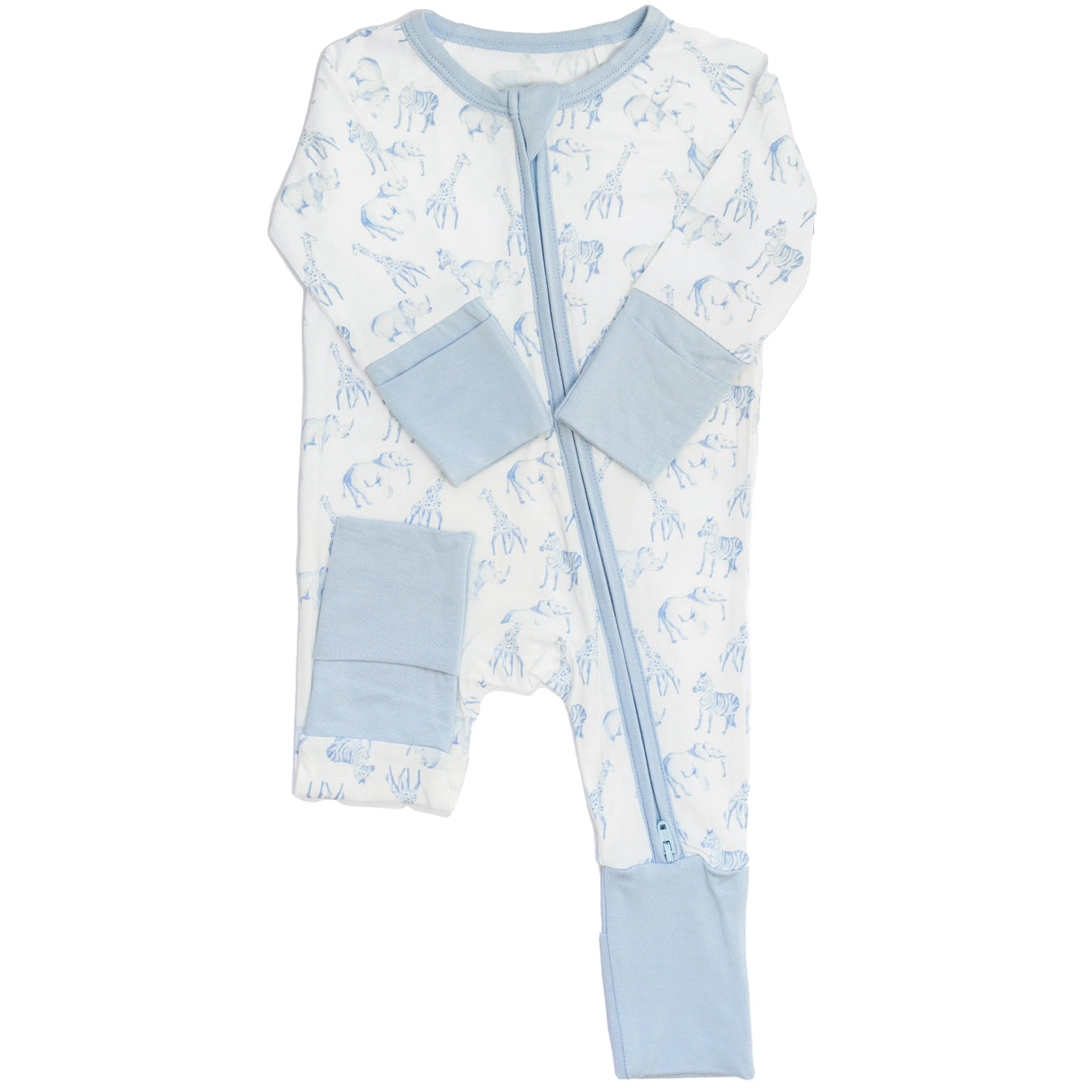 Uptown Baby Blue Safari Long Sleeve Bamboo Zipper Romper